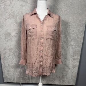 Soft Surroundings Womens Silk Floral Long Sleeve Button Up Shirt S‎ Petite Pink
